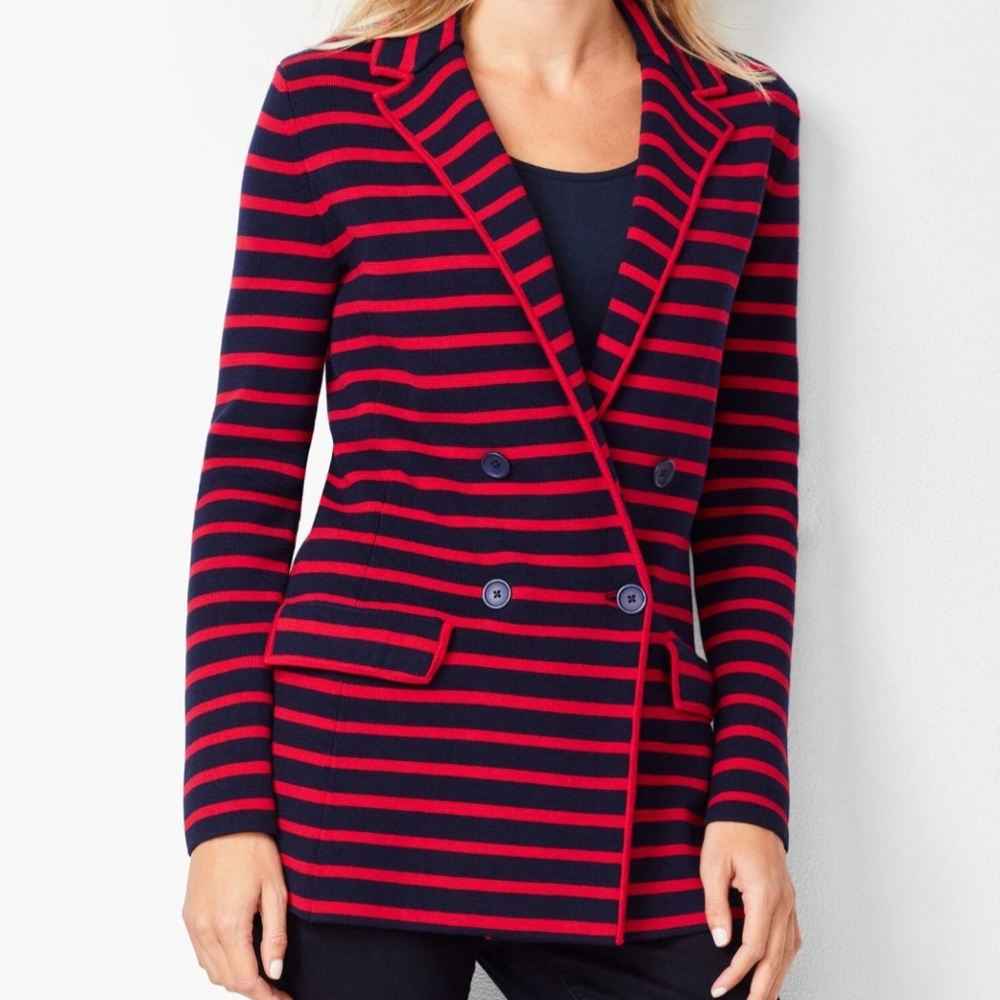 Talbots blazer XL Petite red blue striped knit double chest nautical preppy - Picture 2 of 13